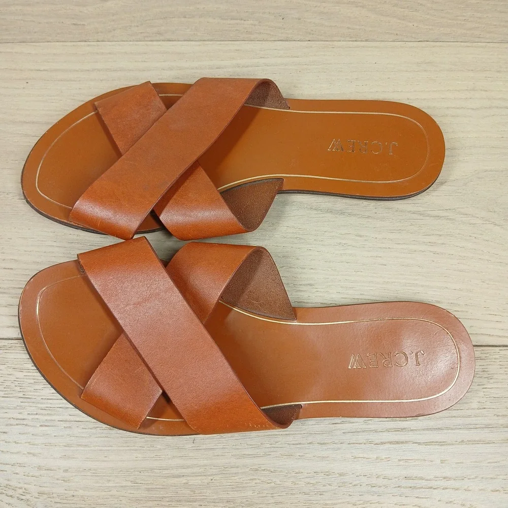 J.Crew Slide Sandals Womens 7 Cognac Brown Leather Crisscross Flat Shoes